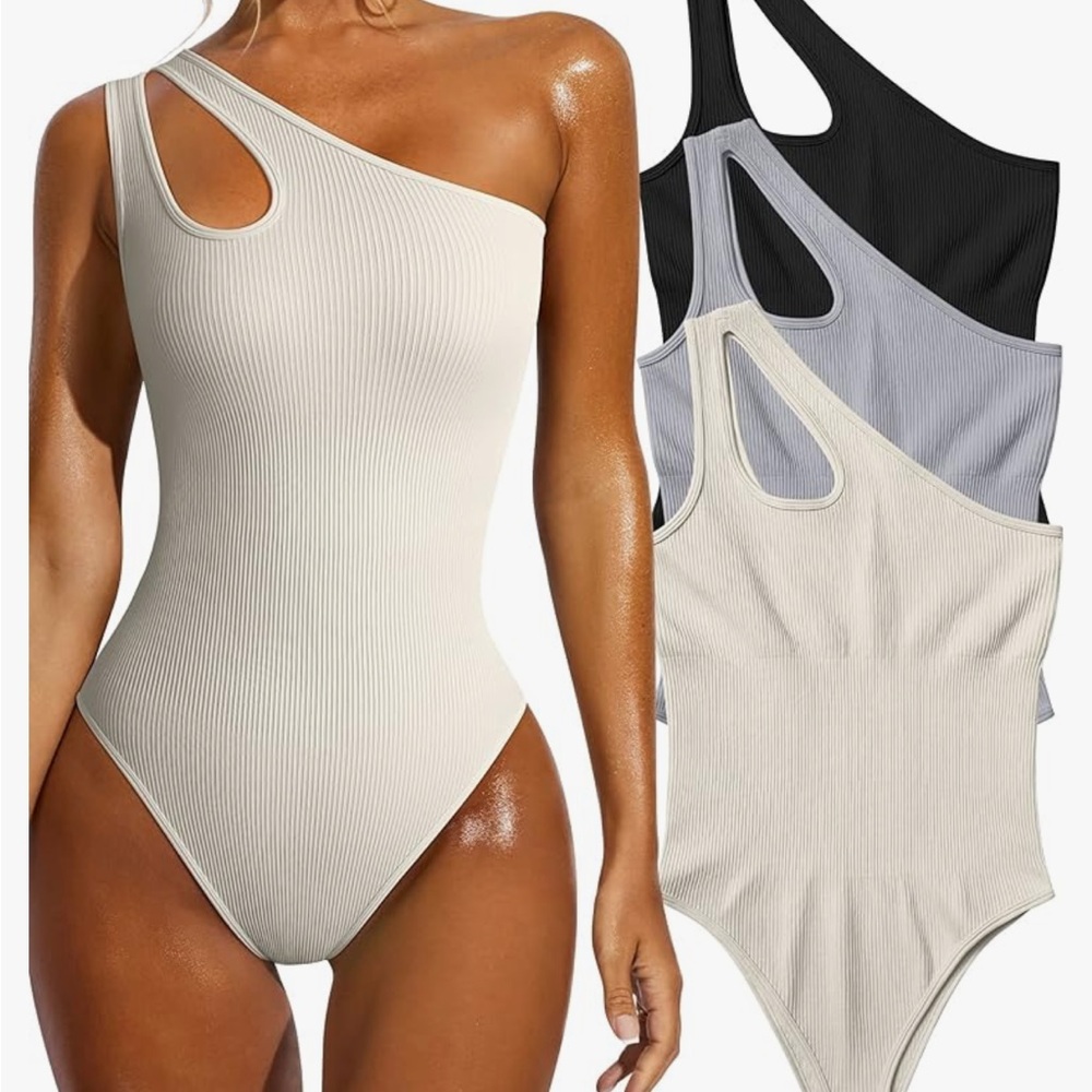 One-Shoulder Ribbed body suit in Neutral Tones